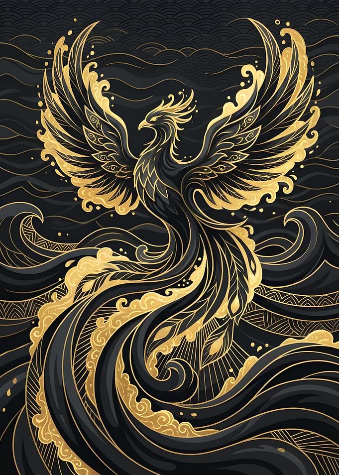 Elegant Gold and Black Phoenix Illustration
