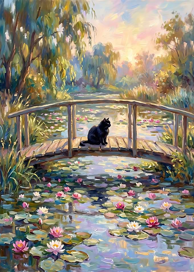 Black Cat onwater lily Garden Bridge Poster