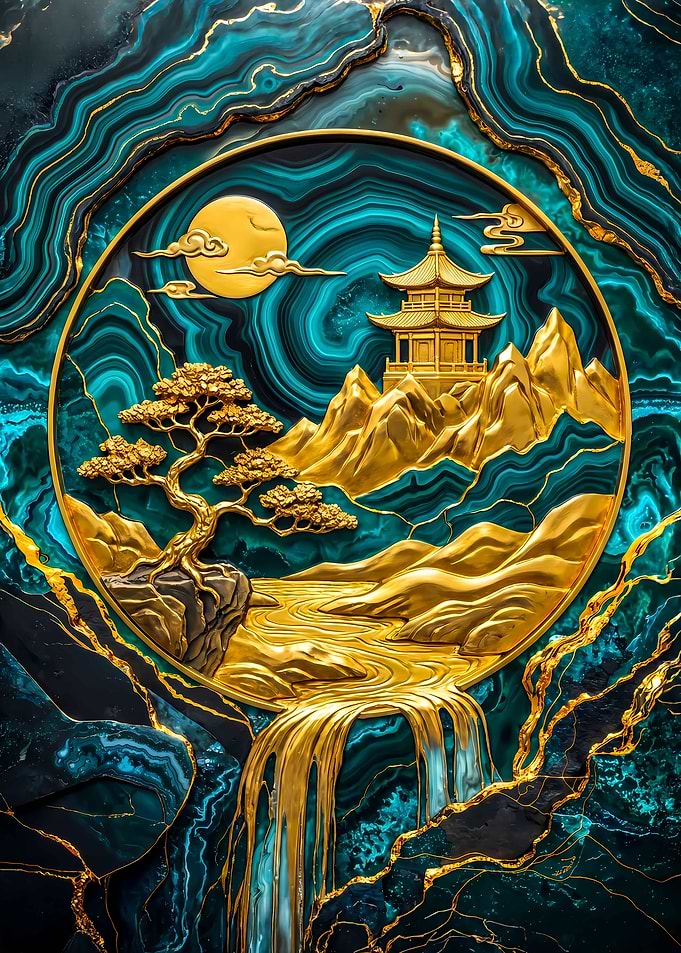 Golden Pagoda and Bonsai Landscape Art