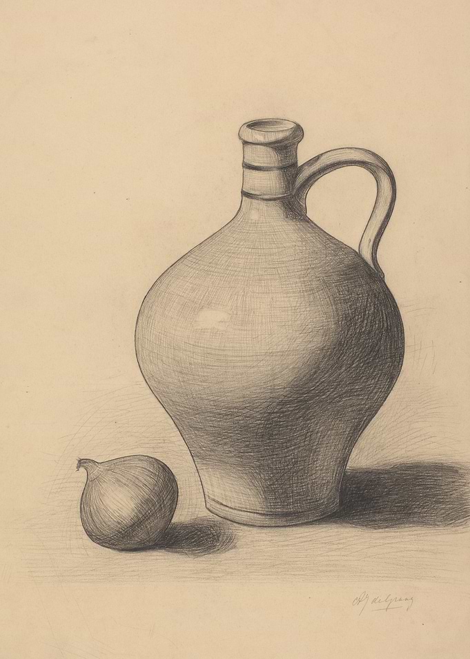 Pencil Drawing of Pitcher and Onion