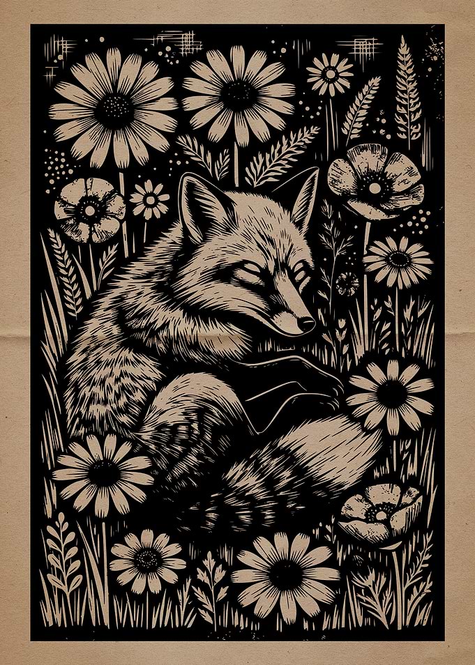 Sleeping Fox in Floral Meadow