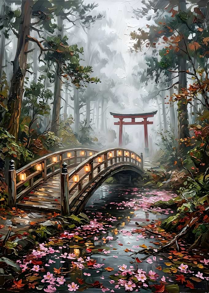 Misty Japanese Garden Bridge Painting
