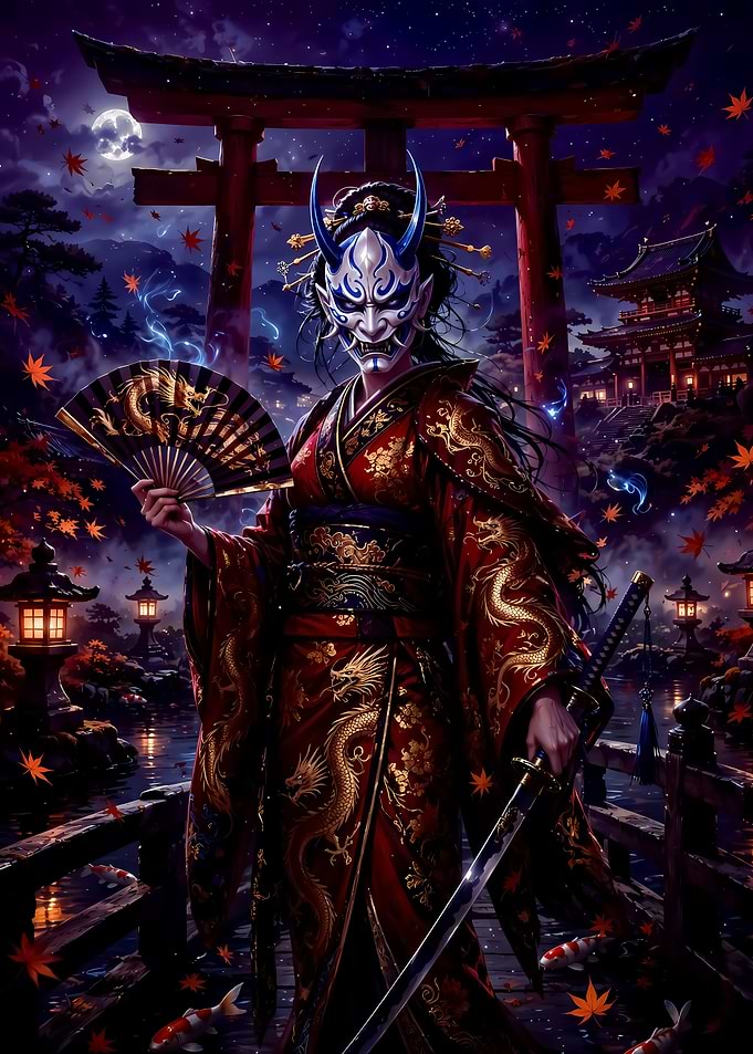 Oni Mask Samurai in Red Kimono
