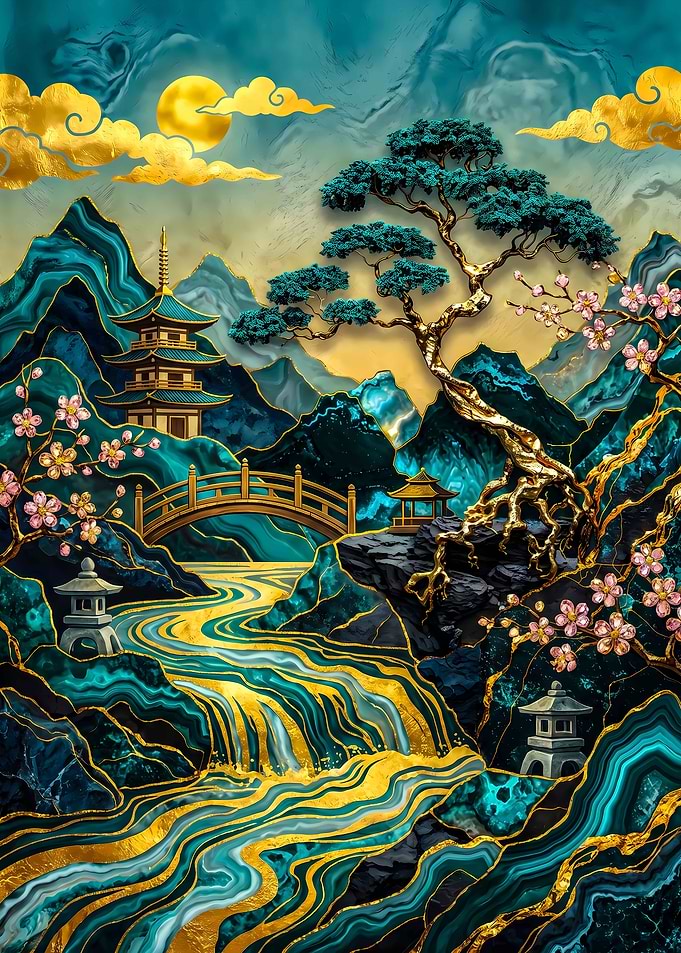 Golden Teal Japanese Landscape Art