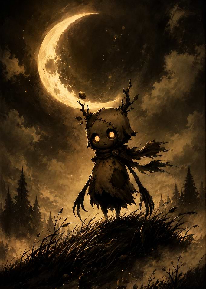 Eerie Stitched Creature Under Crescent Moon