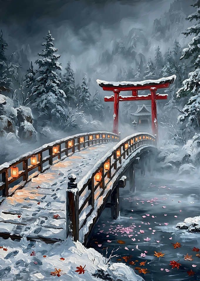 Snowy Japanese Bridge and Torii Gate