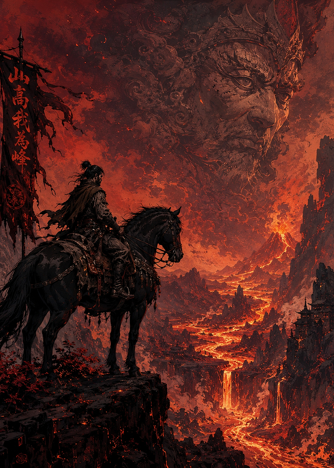 Warrior on Horseback Overlooking Lava Landscape
