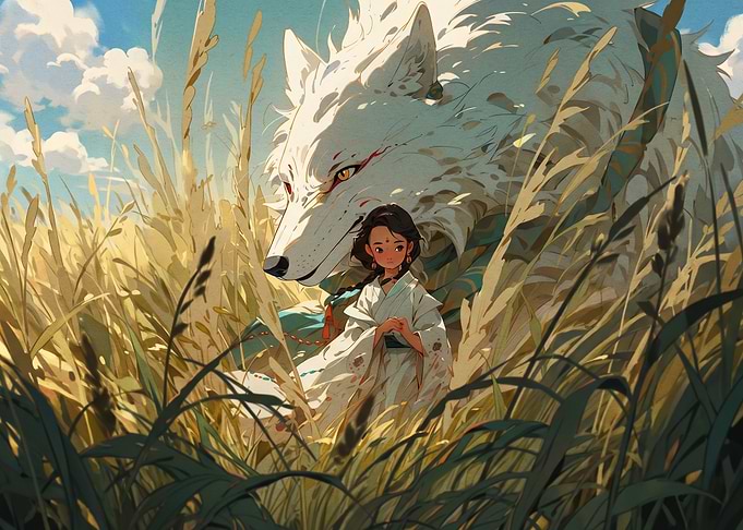Girl and Giant White Wolf