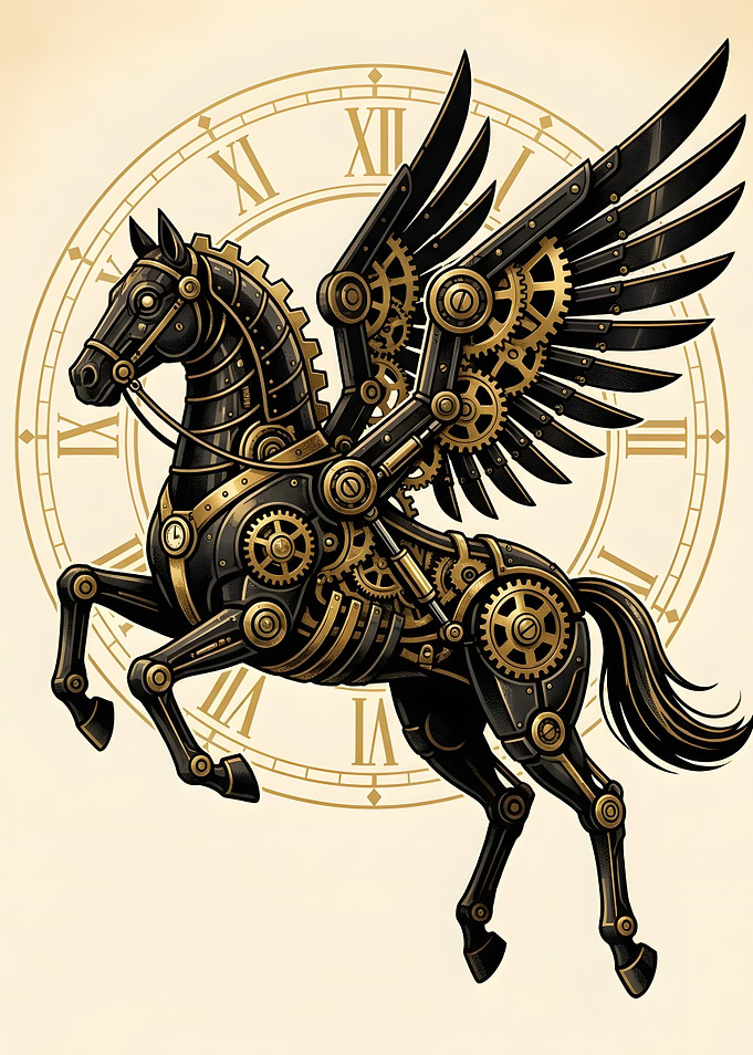 Steampunk Mechanical Pegasus with Clock Background