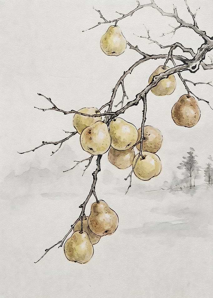 Watercolor Painting of Pears on Branch
