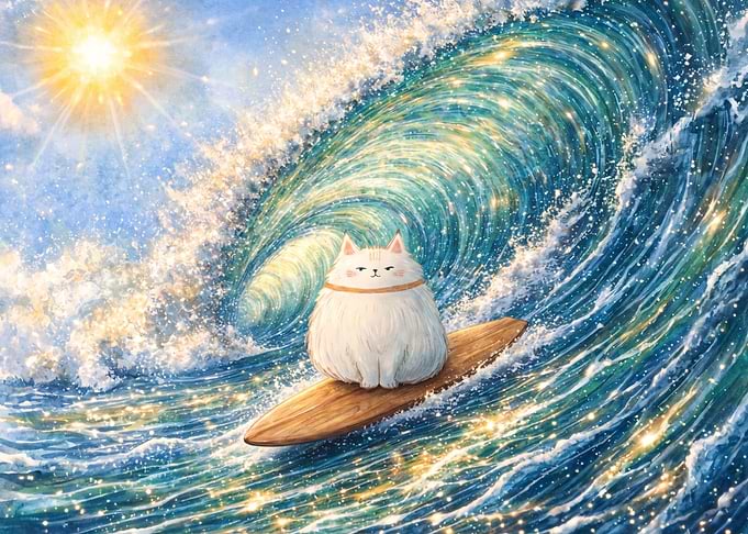 Fluffy White Cat Surfing a Wave