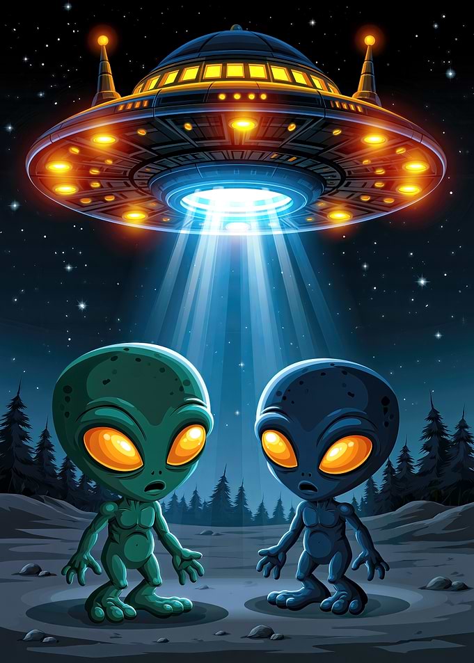 Two Cute Aliens Under UFO