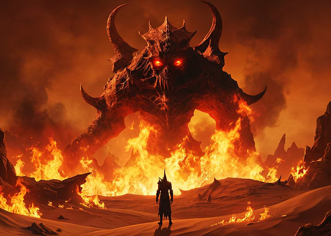 Warrior Facing a Giant Demon