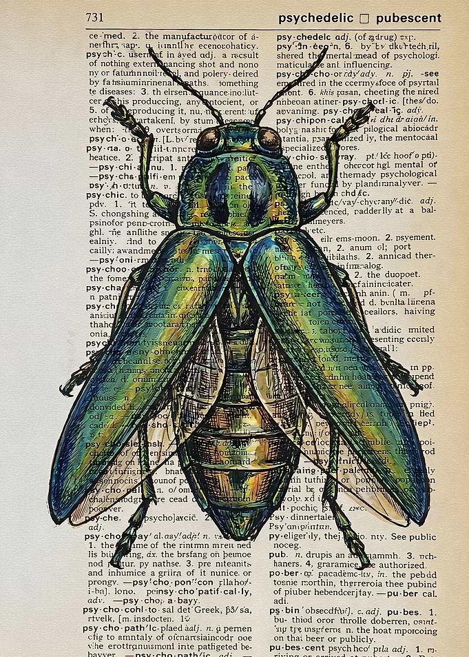 Iridescent Beetle on Dictionary Page