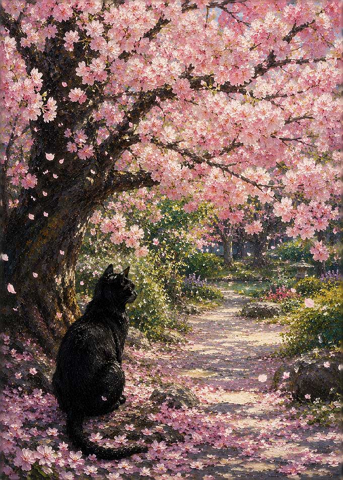 Black Cat Under Cherry Blossom Tree