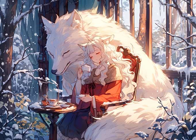 Girl and Giant Wolf Drinking Tea