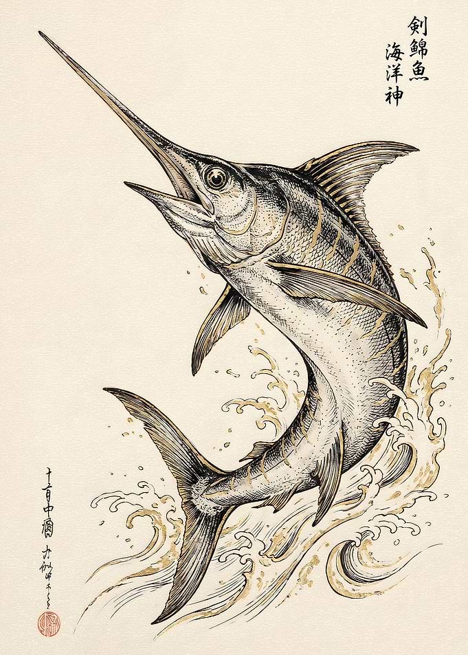 Traditional Japanese Style Swordfish Illustration