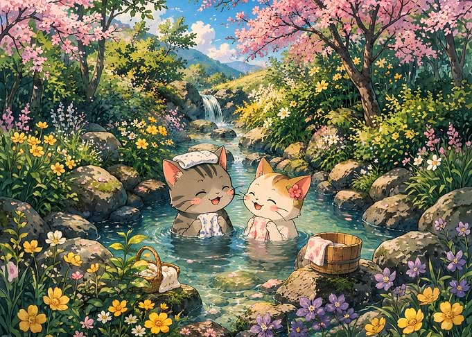 Two Cute Kittens Bathing in Stream