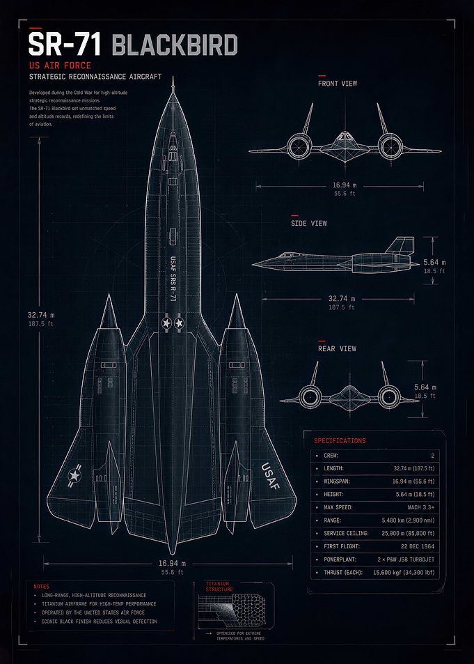 SR-71 Blackbird Technical Blueprint Poster