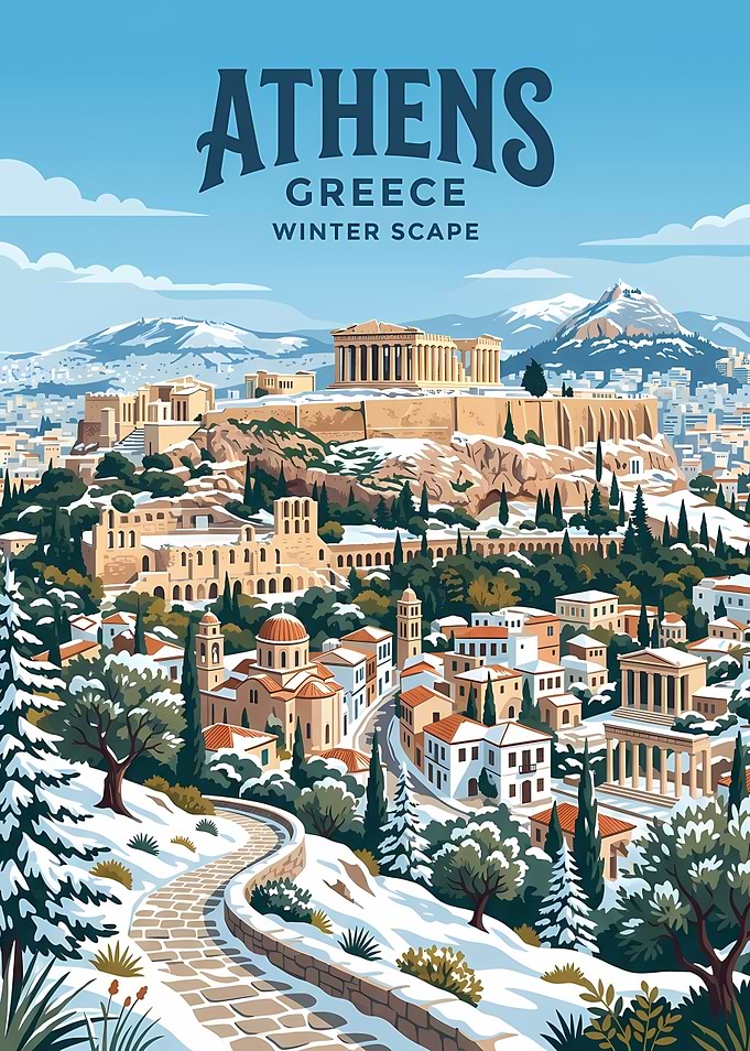 Athens Greece Winter Scape Travel Poster