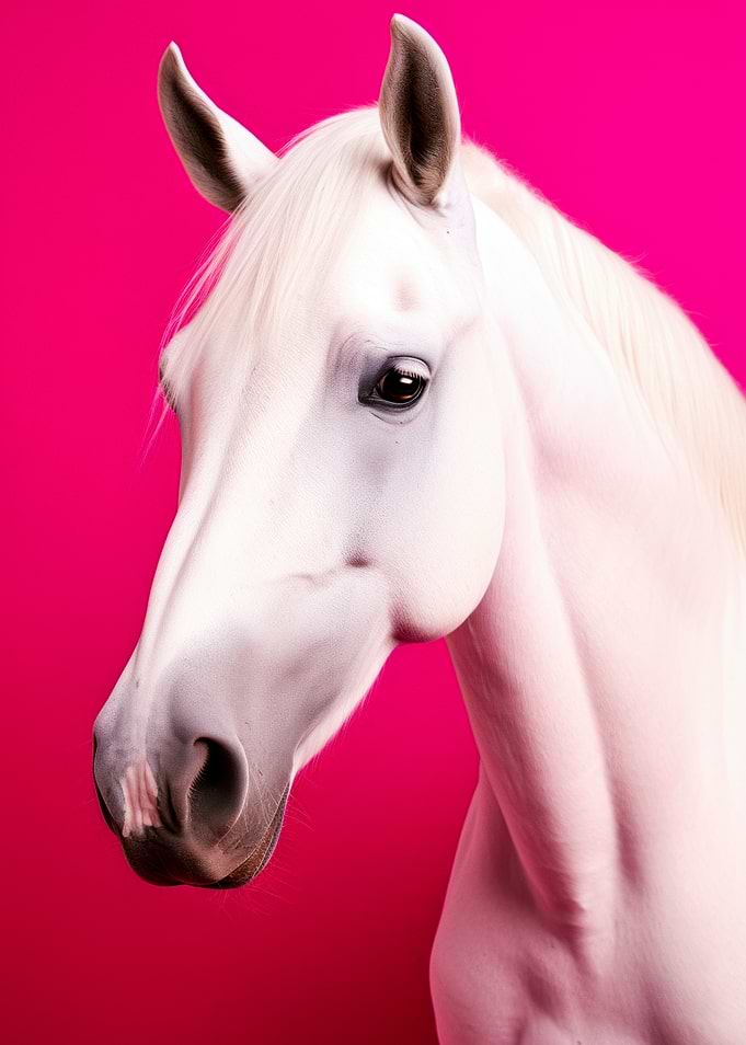 White Horse Portrait on Pink Background