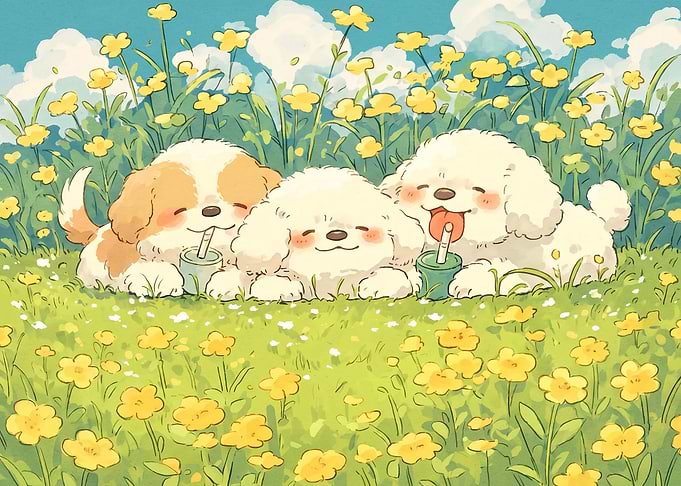 Three Cute Puppies in Flower Field
