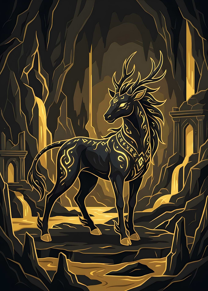 Mystical Golden Rune Deer in Cave