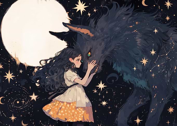 Girl and Giant Wolf Under Stars