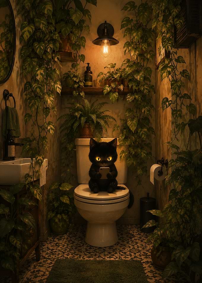 Black Cat Using Phone on Toilet