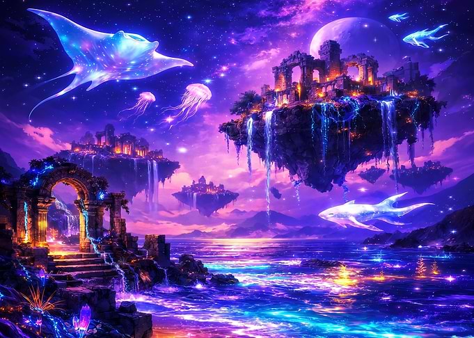 Floating Fantasy Realm with Cosmic Creatures