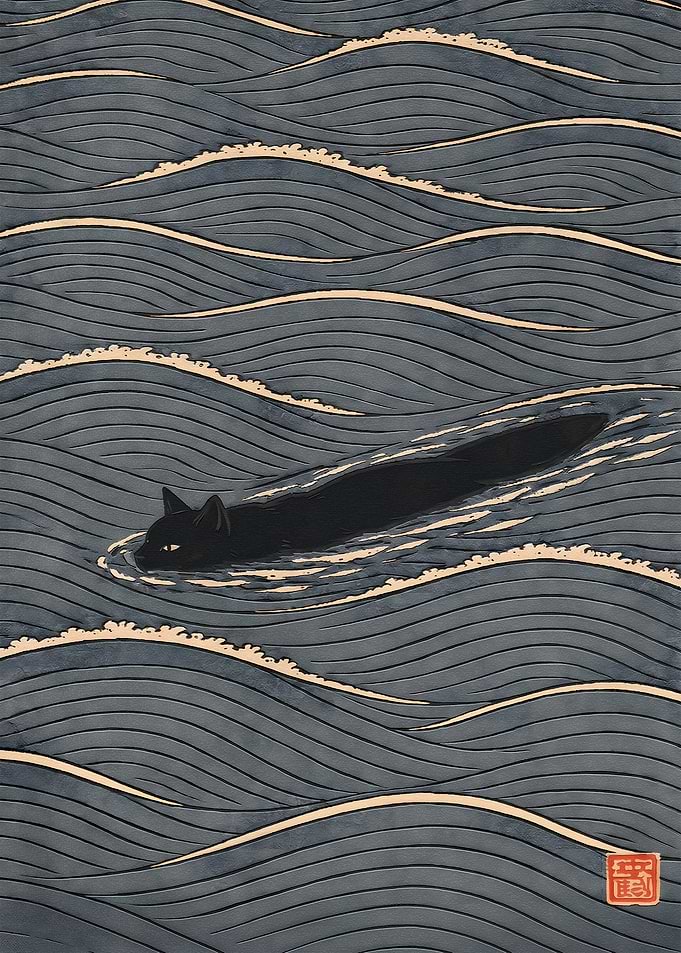 Black Cat Swimming in Stylized Waves