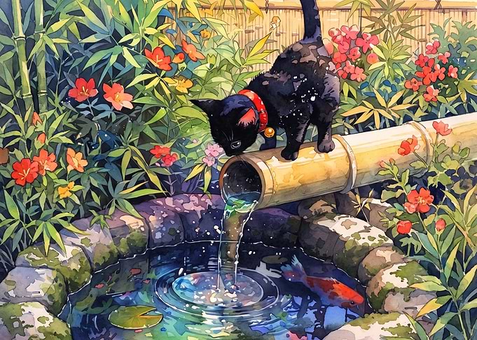 Black Cat at Japanese Garden Pond