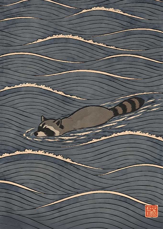 Raccoon Swimming in Ukiyo-e Style