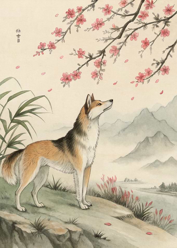 Dog Under Cherry Blossom Tree