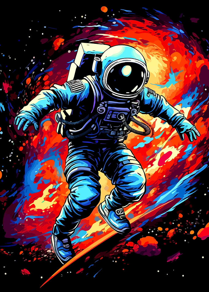 Astronaut Surfing Through Vibrant Nebula