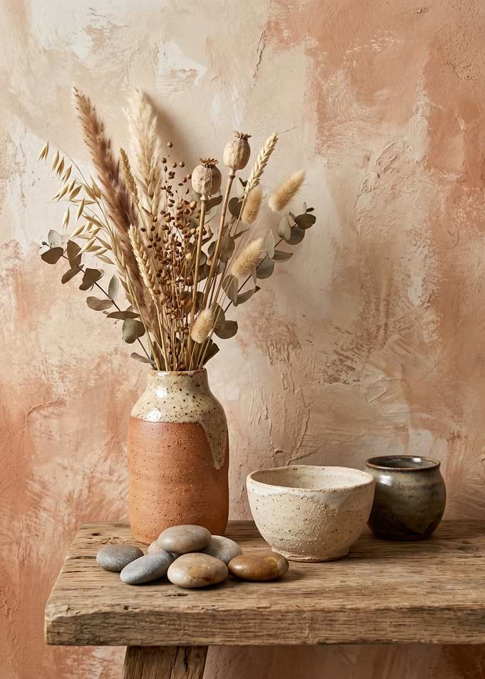 Rustic Wabi Sabi Still Life - Terracotta Ceramic Vase and Dried Botanicals