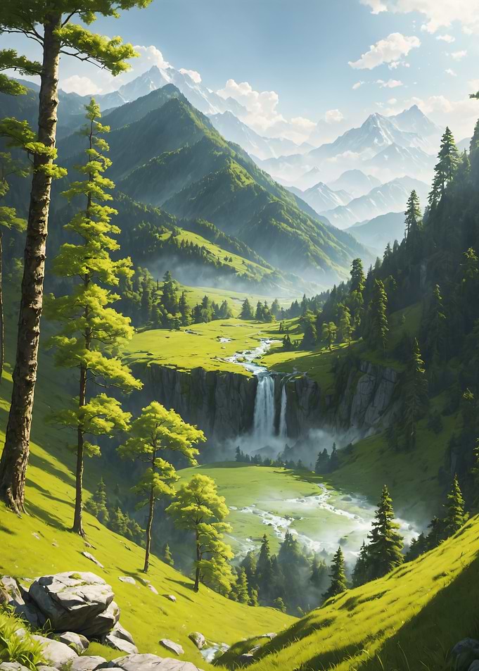 Lush Alpine Valley with Waterfall Nature