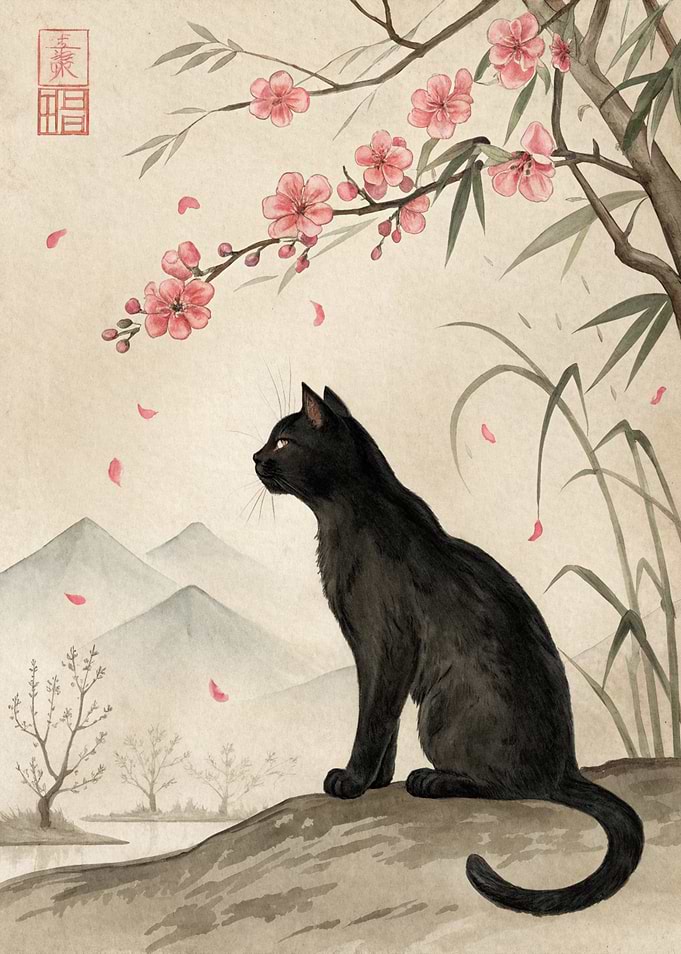 Black Cat Under Cherry Blossoms