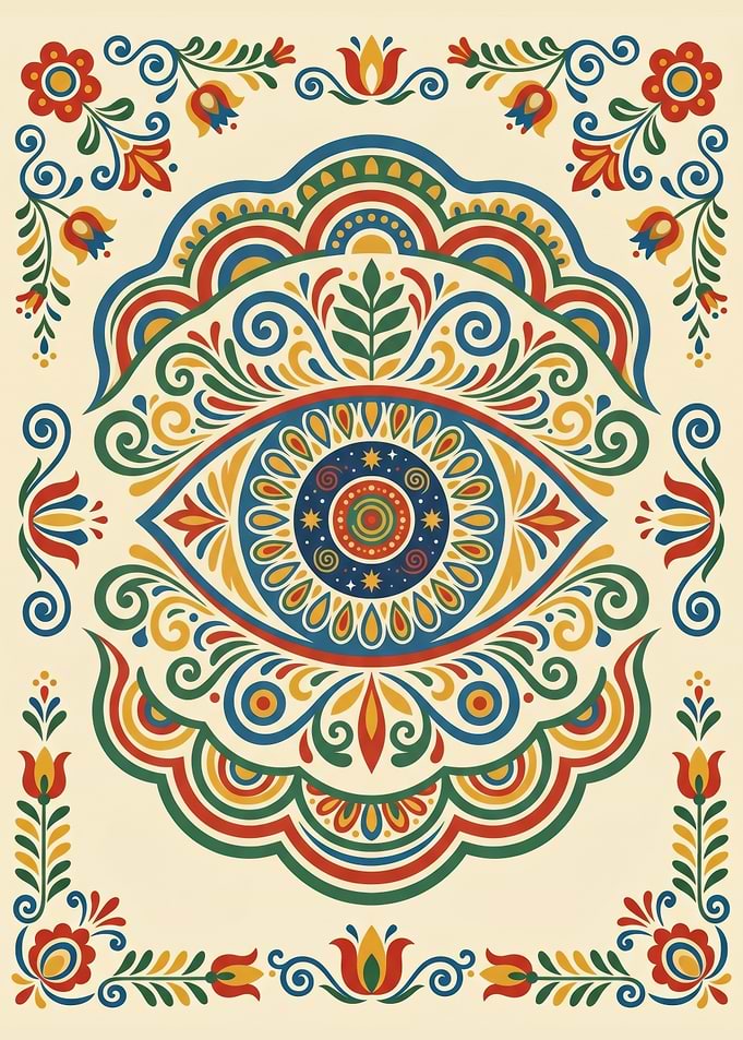 Traditional Nordic Kurbits Folk Art Eye Illustration
