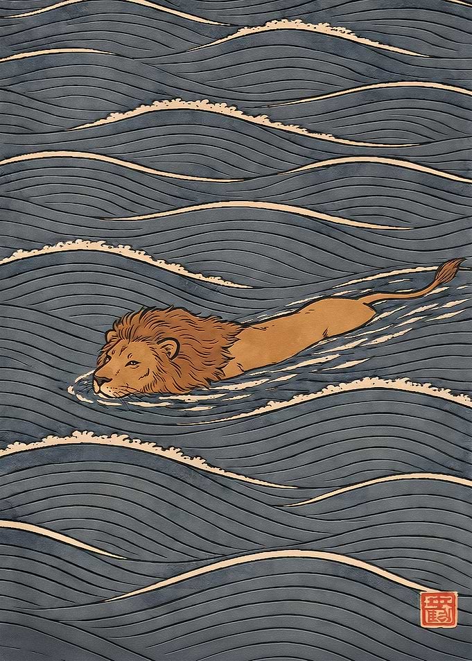 Lion Swimming in Ukiyo-e Style