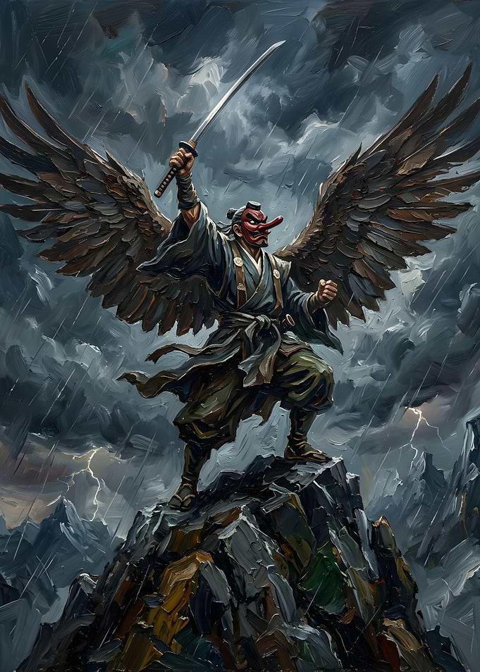 Tengu Warrior Standing on Mountain Peak