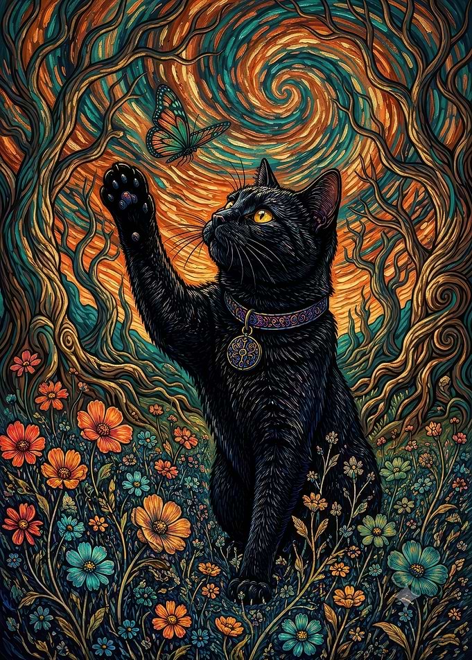 Black Cat Reaching for Butterfly