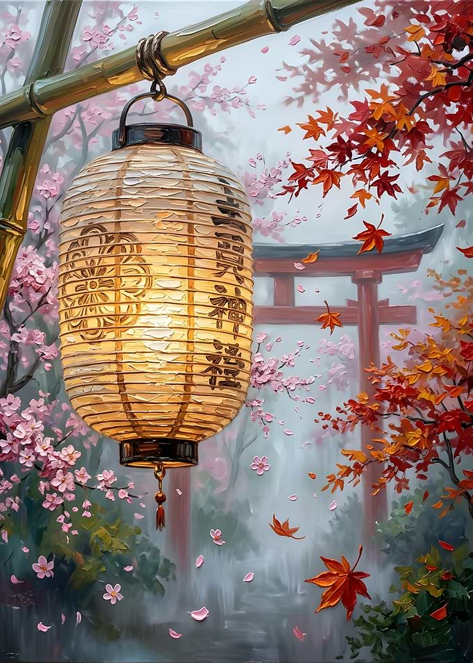 Illuminated Japanese Lantern in Autumn Garden