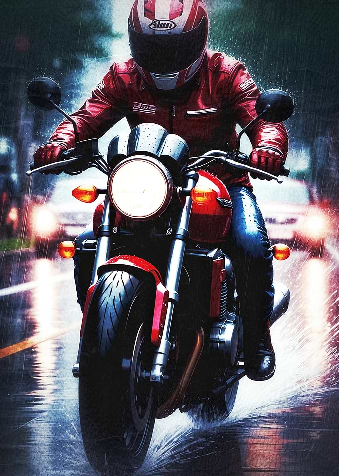 Motorcyclist Riding Through Heavy Rain