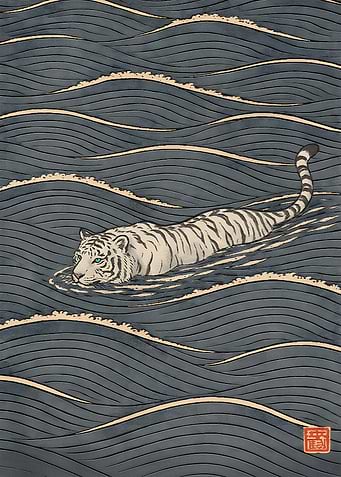 White Tiger Swimming in Stylized Waves