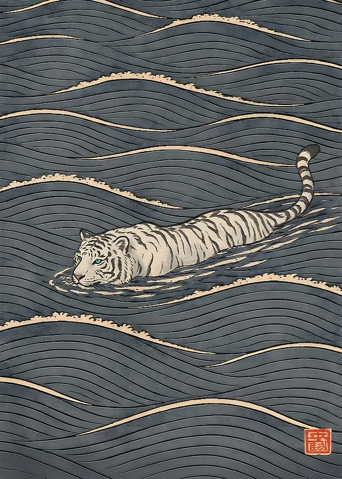 White Tiger Swimming in Stylized Waves