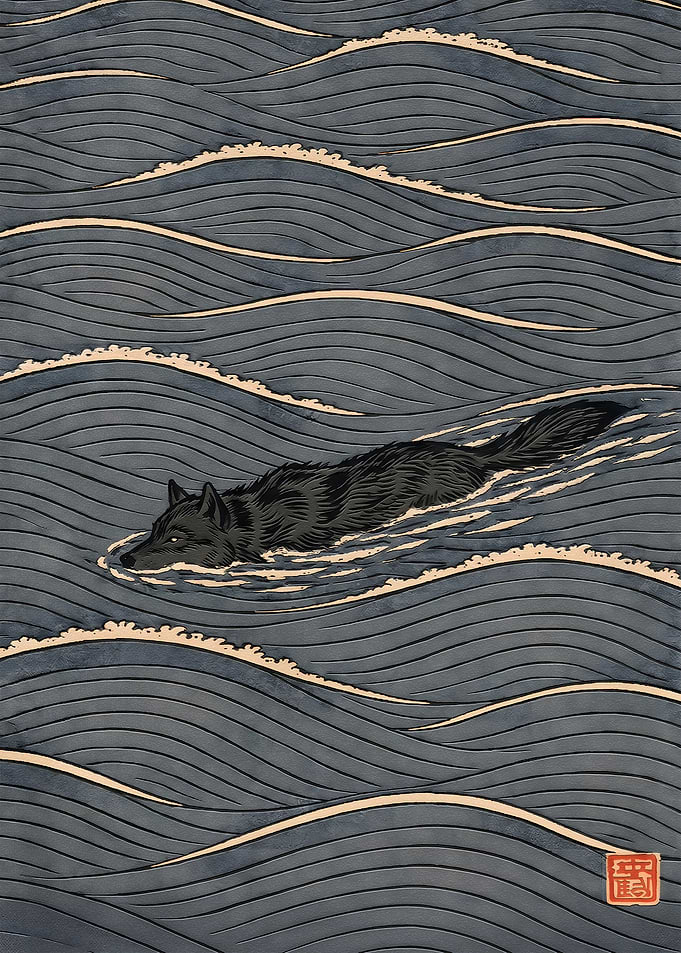 Black Wolf Swimming in Stylized Waves