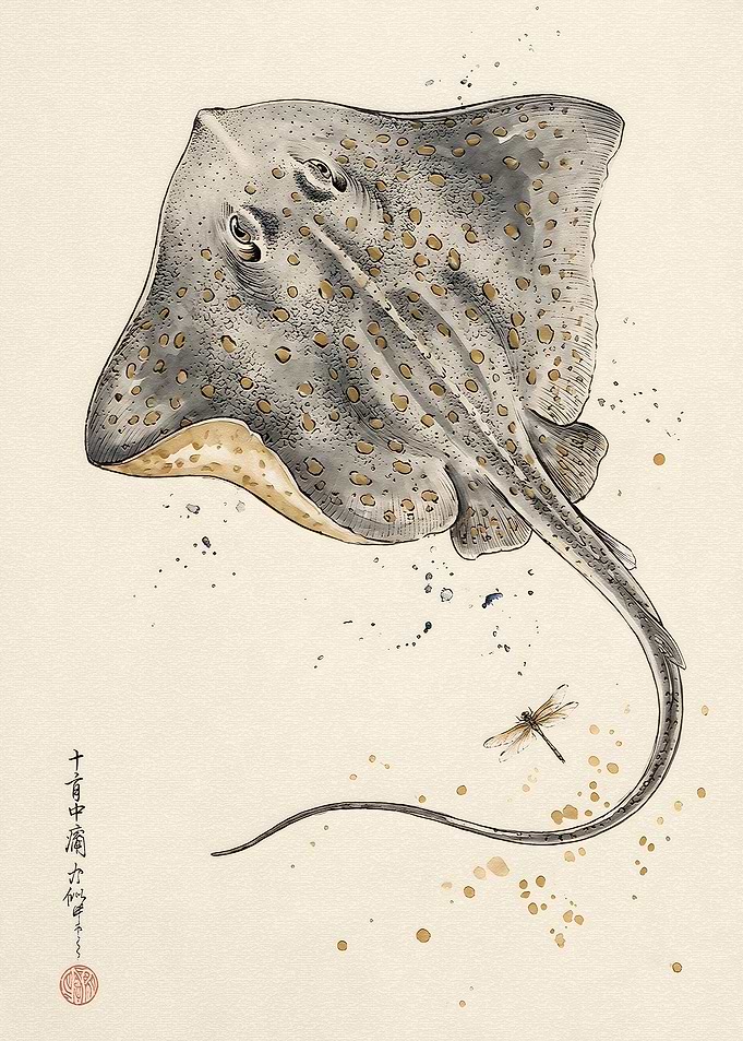 Stingray and Dragonfly Ink Illustration