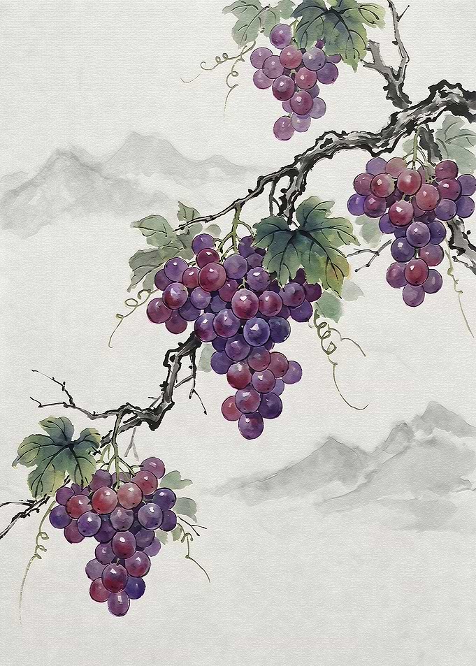 Traditional Chinese Ink Wash Grape Painting