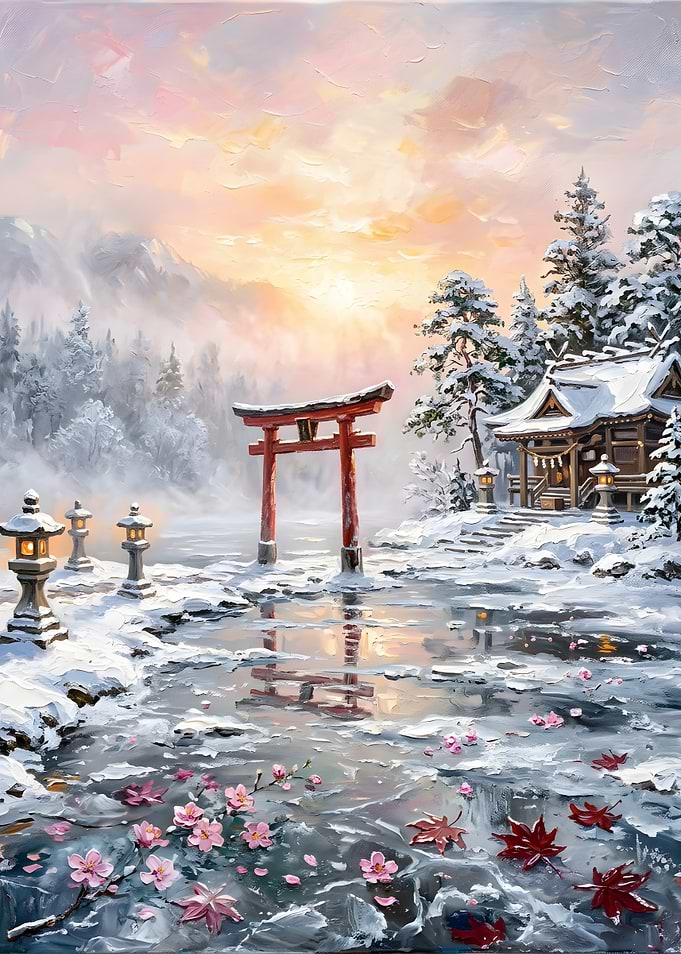 Winter Japanese Shrine with Torii Gate